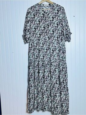 Natural Life Womens Boho Dark Floral Tiered Midi Dress L Black Cottagecore